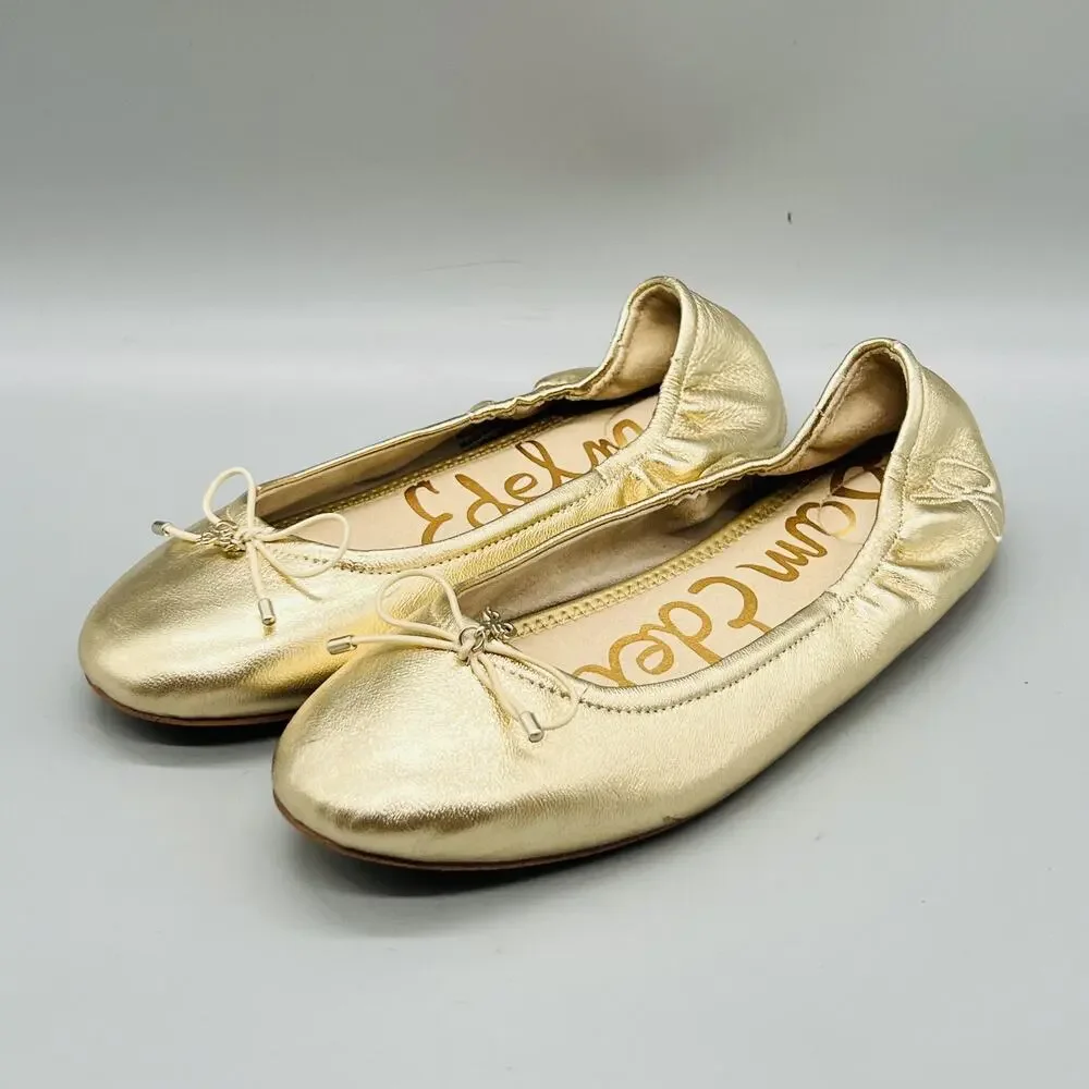 Sam Edelman Shoes Girls 4 Gold Metallic Ballet Flats Bow Slip On Dressy Casual
